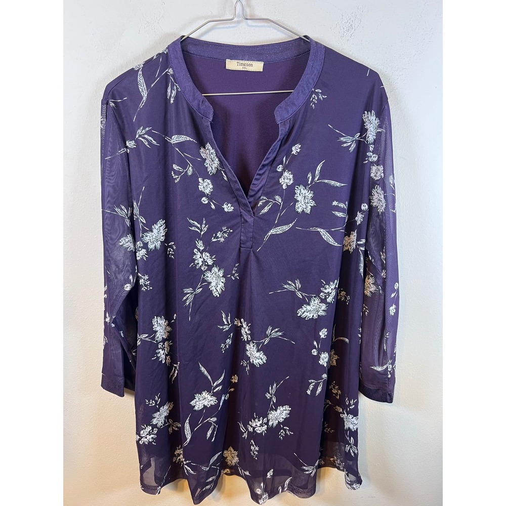 Timeson Womens Mesh Tunic Sheer Floral Print Purple XXL